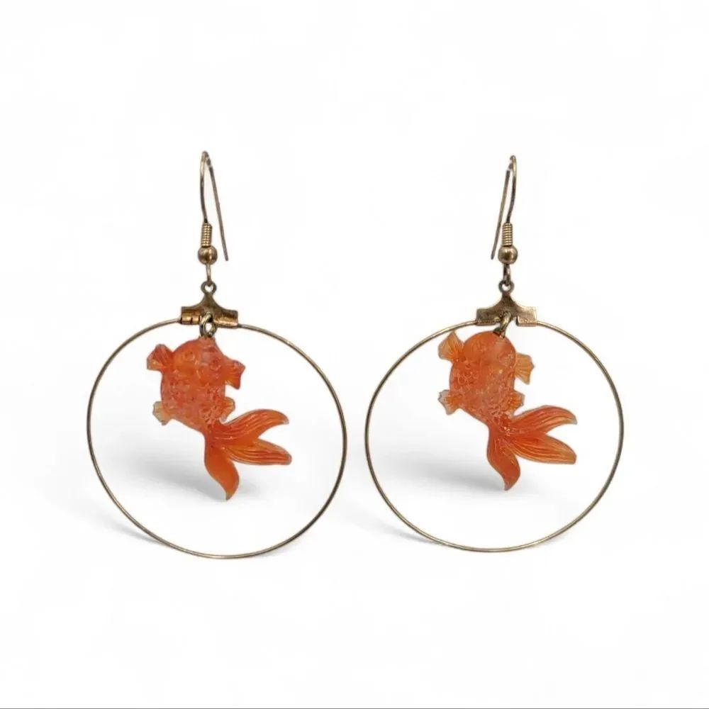 Gold Tone Hoop Earrings with Orange Gold Fish Charms Pierced